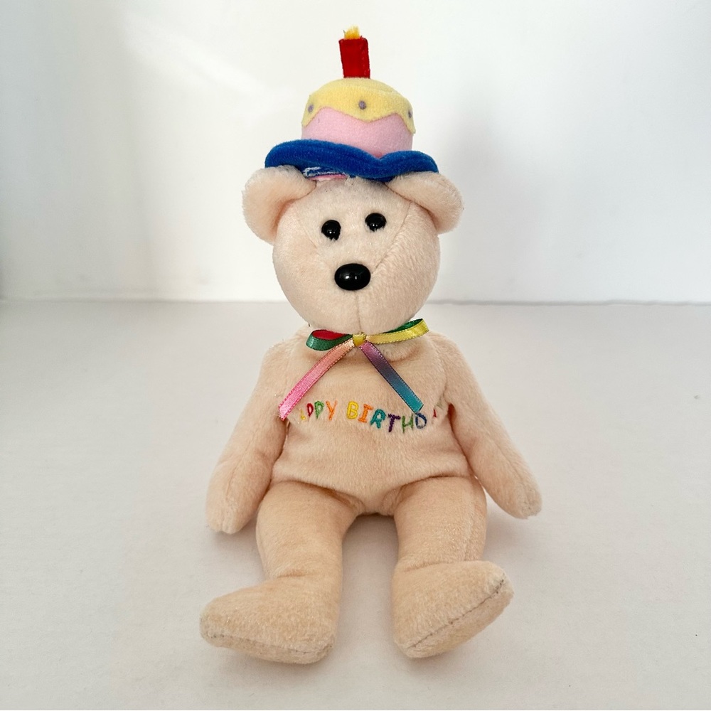 Vintage Ty Beanie Baby “Happy Birthday” the Teddy Bear with Cake Hat (2007) 🎂🎩